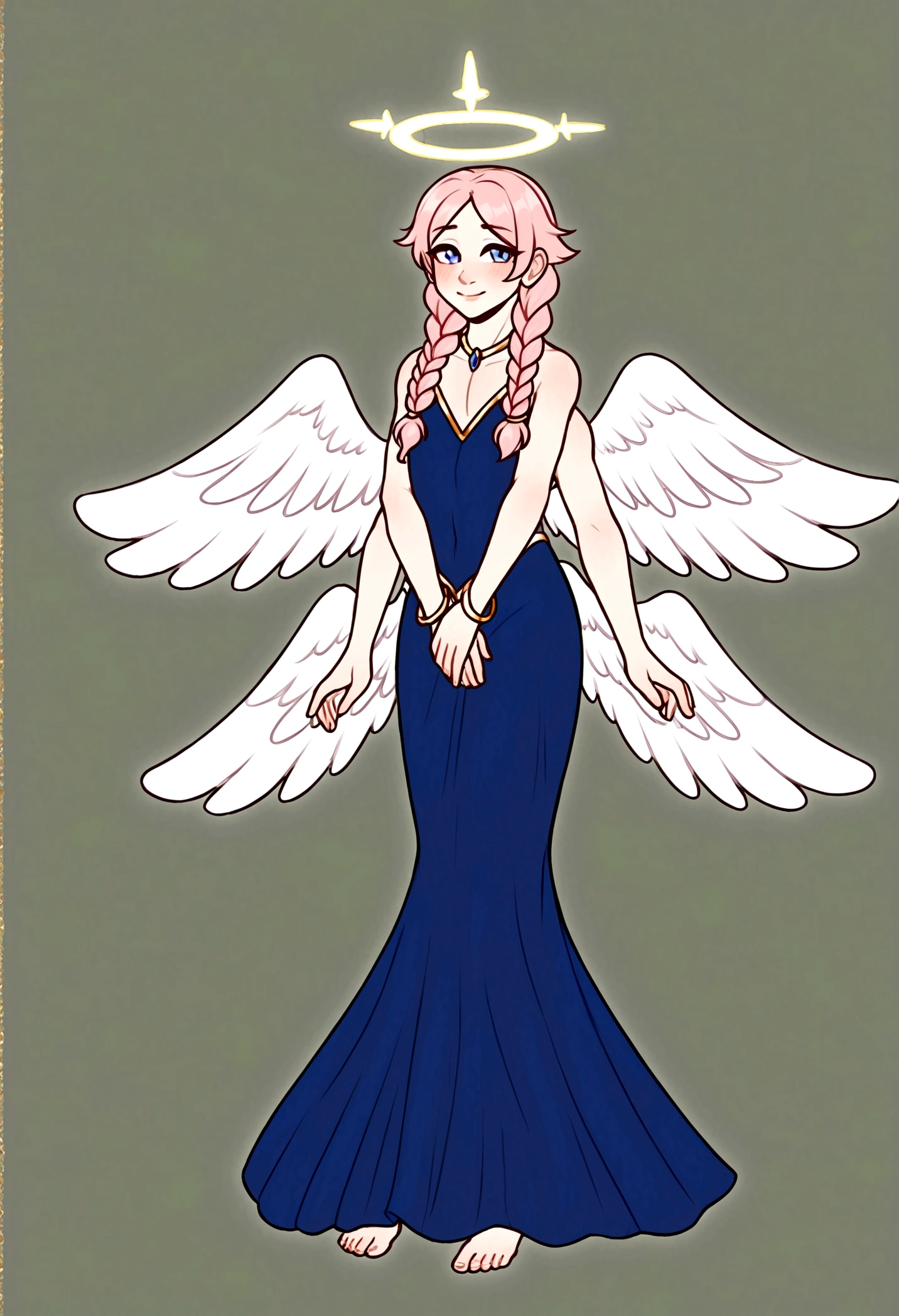 Angel femboy 4 white wings, halo, geisha outfit, pink braided hair, 4 arms, full body.