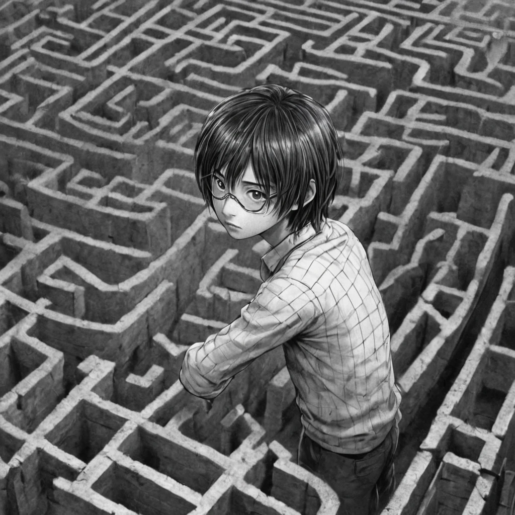 student lost in a maze, (anime), bizarre scenario, This is Junji, Yusuke Murata, black and white, 8K, anime, horror