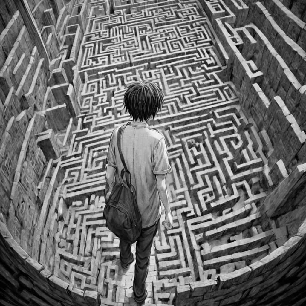 student lost in a maze, (anime), bizarre scenario, This is Junji, Yusuke Murata, black and white, 8K, anime, horror