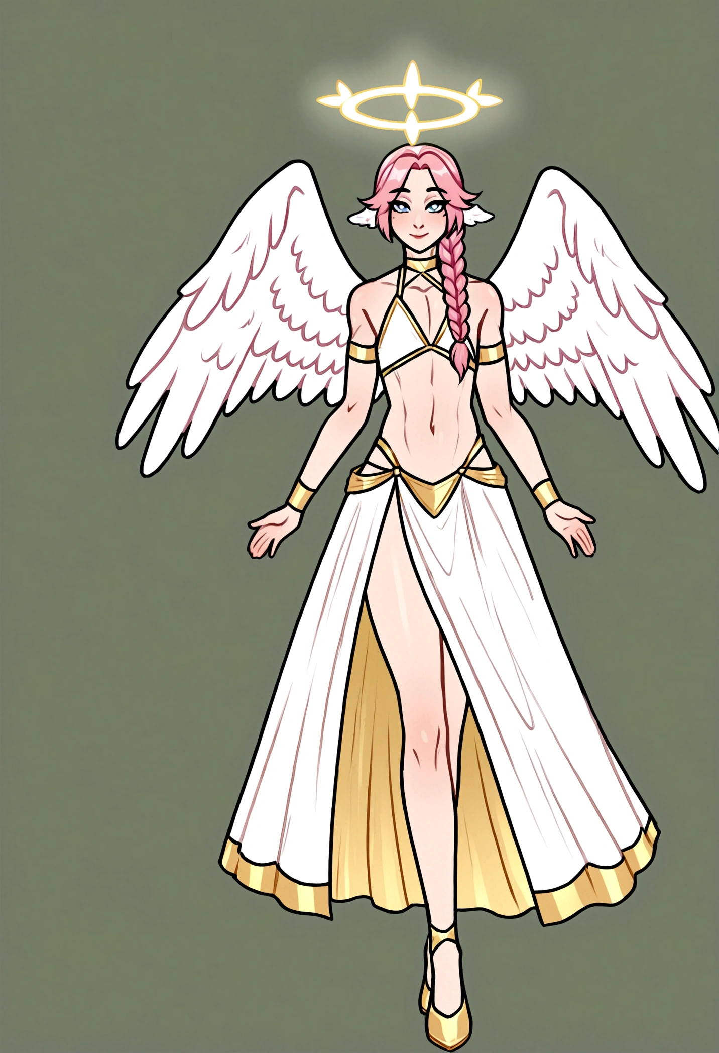 Angel femboy 4 white wings, halo, geisha outfit, pink braided hair, 4 arms, full body.