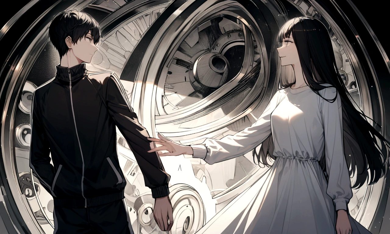 black and white drawing, giant clockwork background, 26-year-old male on the left 1, black neat hair, a lonely face, wearing gray tracksuit, Beautiful woman on the right 1, long straight hair, wearing a white dress, reaching out to each other
