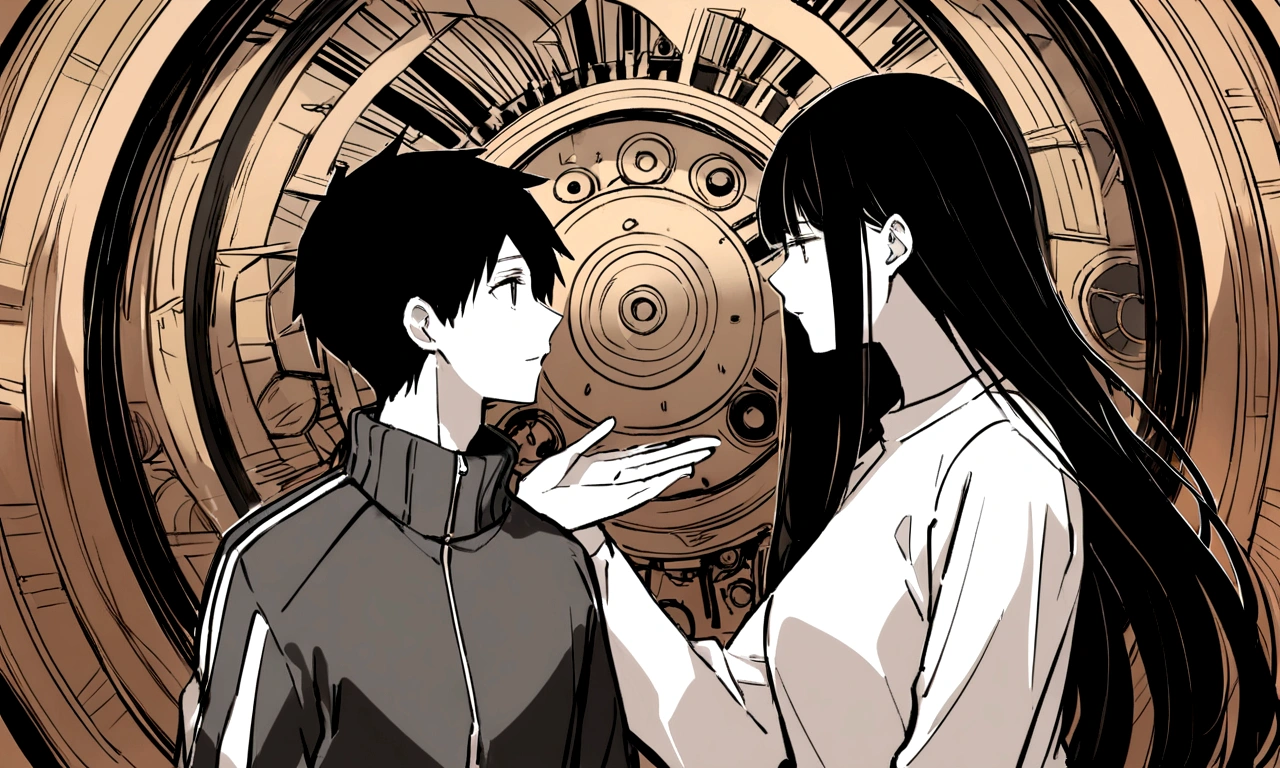 black and white drawing, giant clockwork background, 26-year-old male on the left 1, black neat hair, a lonely face, wearing gray tracksuit, Beautiful woman on the right 1, long straight hair, wearing a white dress, reaching out to each other