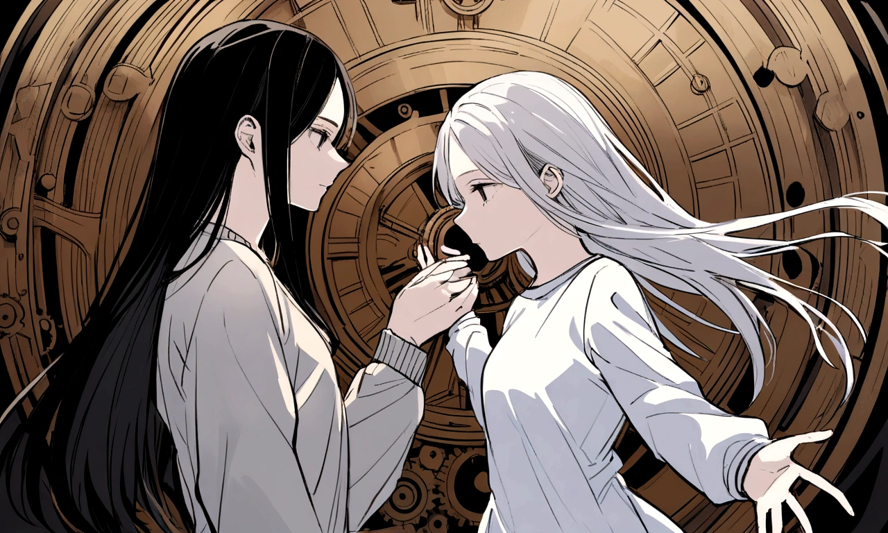 black and white drawing, giant clockwork background, 26-year-old male on the left 1, black neat hair, a lonely face, wearing gray tracksuit, Beautiful woman on the right 1, long straight hair, wearing a white dress, reaching out to each other