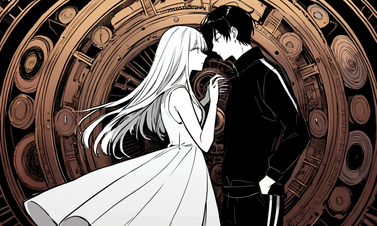 black and white drawing, giant clockwork background, 26-year-old male on the left 1, black neat hair, a lonely face, wearing gray tracksuit, Beautiful woman on the right 1, long straight hair, wearing a white dress, reaching out to each other