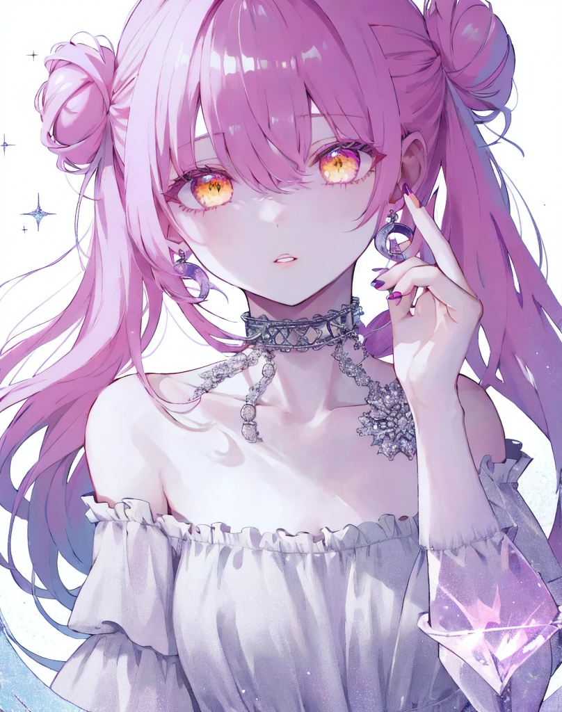 zyc, 1girl, pink hair, pink nails, solo, earrings, jewelry, crescent earrings, looking at viewer, nail polish, parted lips, crescent, yellow eyes, long hair, bangs, ribbon, bare shoulders, collarbone, sparkle, multicolored eyes, hair bun, upper body, bow, hair between eyes, black ribbon, choker, gem, fingernails, hand up, portrait, off shoulder, detached collar