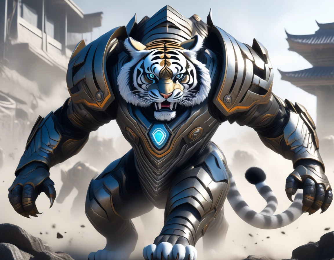 Ultra-realism, ((Masterpiece)), ((Best Quality)), (Very Detailed), ((Very Detailed)), 4K, (8K), very aesthetic, absurdres highres, Create highly textured mechanical tiger artwork. This tiger has a metallic sheen and realistic texture and is constructed with detailed mechanical elements. The colors are metallic gray and silver, with hints of rust, giving it an aged but advanced technological look. The background is simple and focuses on the intricacy and craftsmanship of the tiger design, Design a combat-ready cybernetic tiger equipped with powerful weapons, situated in an outdoor battlefield. The tiger should have missile launchers on its back, laser guns on its front legs, and a shield on its shoulders. It should be slashing at enemies with its sharp claws while advancing and delivering powerful attacks. The background should depict a war-torn battlefield with destroyed buildings.