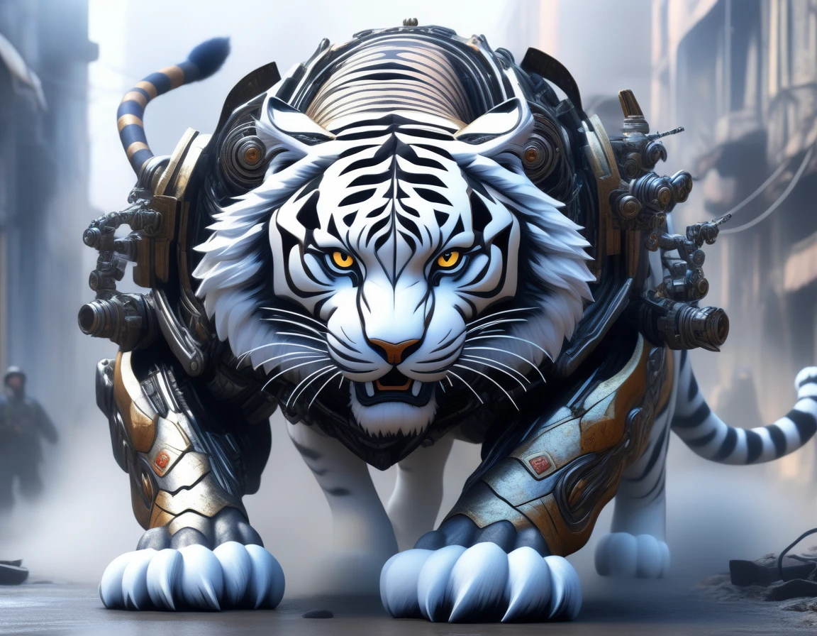 Ultra-realism, ((Masterpiece)), ((Best Quality)), (Very Detailed), ((Very Detailed)), 4K, (8K), very aesthetic, absurdres highres, Create highly textured mechanical tiger artwork. This tiger has a metallic sheen and realistic texture and is constructed with detailed mechanical elements. The colors are metallic gray and silver, with hints of rust, giving it an aged but advanced technological look. The background is simple and focuses on the intricacy and craftsmanship of the tiger design, Design a combat-ready cybernetic tiger equipped with powerful weapons, situated in an outdoor battlefield. The tiger should have missile launchers on its back, laser guns on its front legs, and a shield on its shoulders. It should be slashing at enemies with its sharp claws while advancing and delivering powerful attacks. The background should depict a war-torn battlefield with destroyed buildings.
