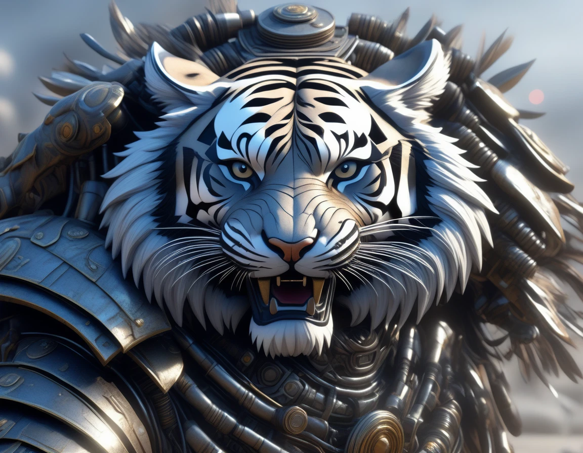 Ultra-realism, ((Masterpiece)), ((Best Quality)), (Very Detailed), ((Very Detailed)), 4K, (8K), very aesthetic, absurdres highres, Create highly textured mechanical tiger artwork. This tiger has a metallic sheen and realistic texture and is constructed with detailed mechanical elements. The colors are metallic gray and silver, with hints of rust, giving it an aged but advanced technological look. The background is simple and focuses on the intricacy and craftsmanship of the tiger design, Design a combat-ready cybernetic tiger equipped with powerful weapons, situated in an outdoor battlefield. The tiger should have missile launchers on its back, laser guns on its front legs, and a shield on its shoulders. It should be slashing at enemies with its sharp claws while advancing and delivering powerful attacks. The background should depict a war-torn battlefield with destroyed buildings.
