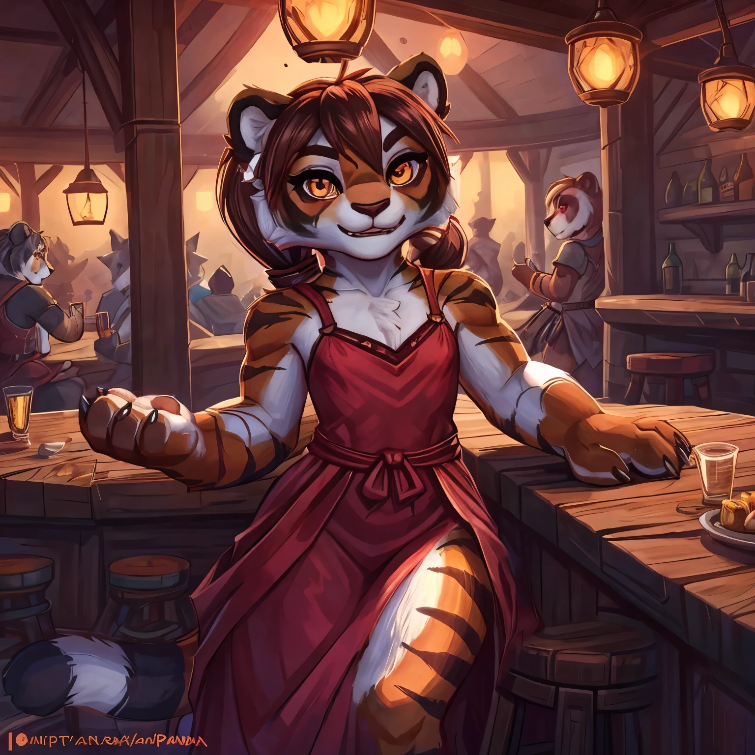 (4fingers), small_round_ears, small_panda_ears, pandaren, world_of_warcraft, furry, anthropomorphic, fluffy_tail, foxtail, cfemale, claws, red_panda, tiger_stripes, tiger_face, flat_chested, , teenager, amber_eyes, (pupils), (tiger_legs), black_left_foot, white_right_foot, (four_fingers), waist_long_ponytail, brown_hair, ((three_toes)), ((3toes)), ((detailed_eyes)), ((detailed_face)), detailed_hands, one tail, solo character, midsummer, long_dress, tavern, bar, no nudity,