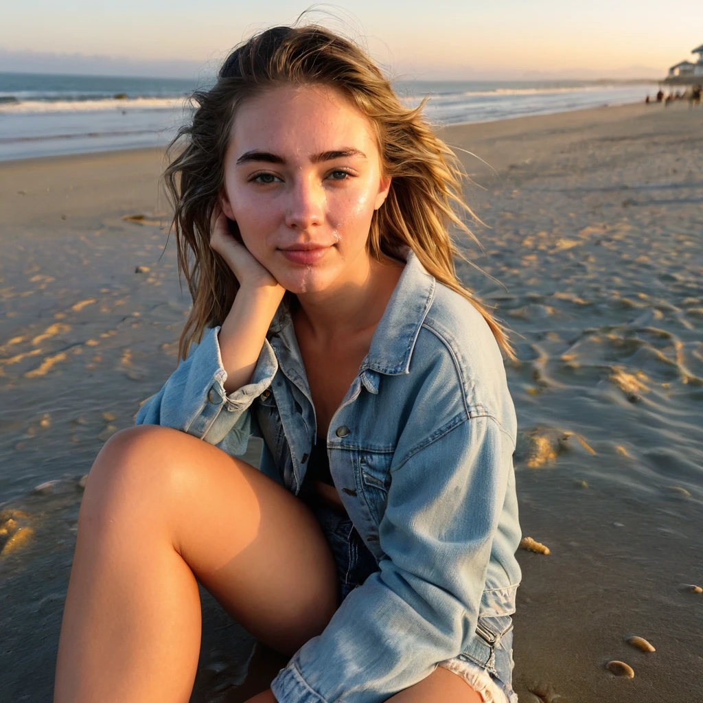 Shy young woman sits after her first facial cumshot, ocean beach