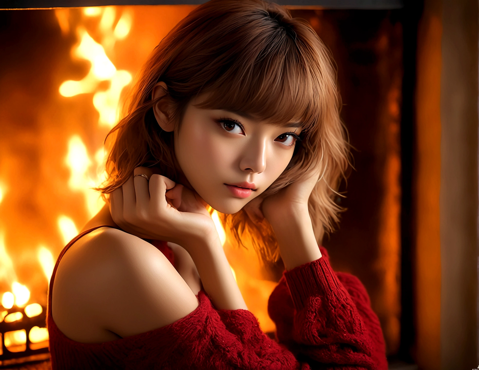 a beautiful young woman ((KPop Lisa) Lalisa Manobal, age 25), nude, her intimate areas fully exposed and very detailed, (seductive poses and gestures) by an old-fashioned fireplace with a roaring fire, Christmas scene (best quality, 4k, 8k, highres, masterpiece:1.2), ultra-detailed, (realistic, photorealistic, photo-realistic:1.37), HDR, UHD, studio lighting, ultra-fine painting, sharp focus, physically-based rendering, extreme detail description, professional, vivid colors, bokeh, portrait, figurative, intimate, sensual, cozy, sleazy Christmas, warm lighting, chiaroscuro (show her entire body, show all of her)