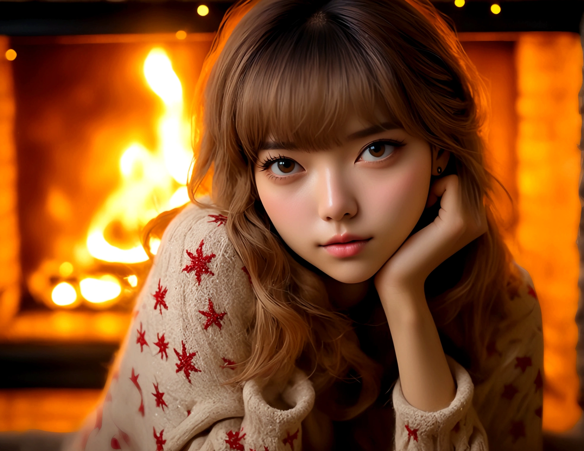 a beautiful young woman ((KPop Lisa) Lalisa Manobal, age 25), nude, her intimate areas fully exposed and very detailed, (seductive poses and gestures) by an old-fashioned fireplace with a roaring fire, Christmas scene (best quality, 4k, 8k, highres, masterpiece:1.2), ultra-detailed, (realistic, photorealistic, photo-realistic:1.37), HDR, UHD, studio lighting, ultra-fine painting, sharp focus, physically-based rendering, extreme detail description, professional, vivid colors, bokeh, portrait, figurative, intimate, sensual, cozy, sleazy Christmas, warm lighting, chiaroscuro (show her entire body, show all of her)