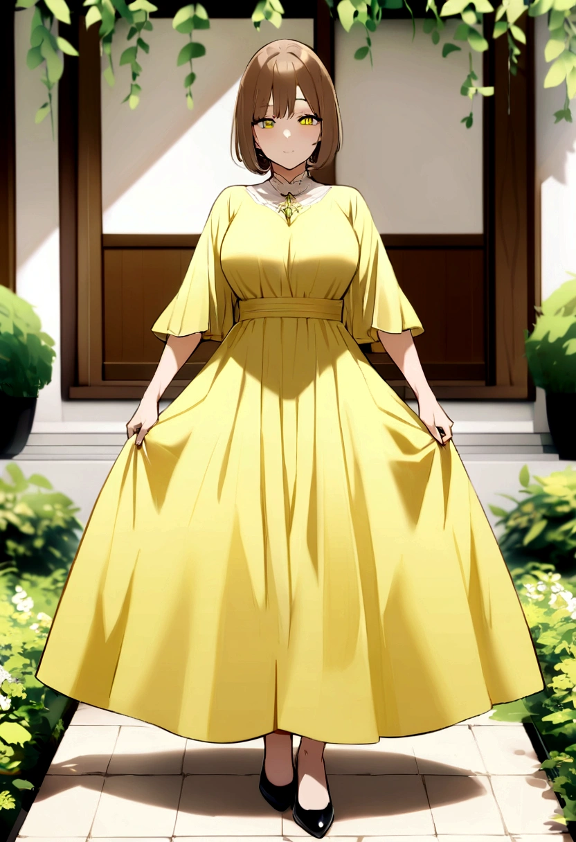 One Japan, Physical build, Ephemeral atmosphere, 50-year-old girl, mature, With nasolabial folds, There are wrinkles at the corners of the eyes, Brown long bob hair 、Slim face, Beautiful woman, Lime yellow full length dress: 1.1, Fashionable Pumps, double eyelid, Blurred Background, Slim face, garden、