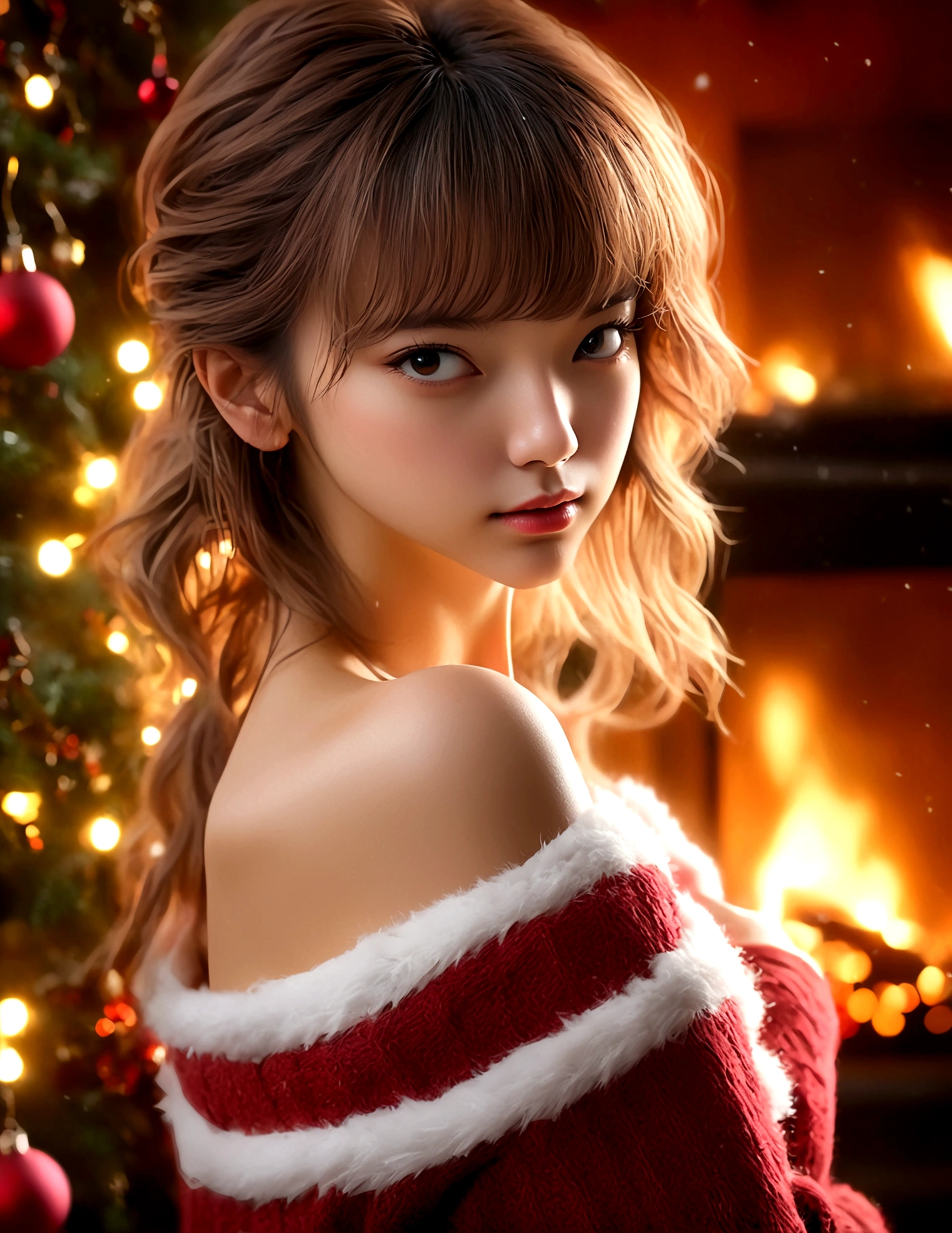 a beautiful young woman ((KPop Lisa) Lalisa Manobal, age 25), nude, her intimate areas fully exposed and very detailed, (seductive poses and gestures) by an old-fashioned fireplace with a roaring fire, Christmas scene (best quality, 4k, 8k, highres, masterpiece:1.2), ultra-detailed, (realistic, photorealistic, photo-realistic:1.37), HDR, UHD, studio lighting, ultra-fine painting, sharp focus, physically-based rendering, extreme detail description, professional, vivid colors, bokeh, portrait, figurative, intimate, sensual, cozy, sleazy Christmas, warm lighting, chiaroscuro (show her entire body, show all of her)
