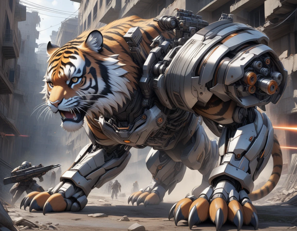 Ultra-realism, ((Masterpiece)), ((Best Quality)), (Very Detailed), ((Very Detailed)), 4K, (8K), very aesthetic, absurdres highres, Create highly textured mechanical tiger artwork. This tiger has a metallic sheen and realistic texture and is constructed with detailed mechanical elements. The colors are metallic gray and silver, with hints of rust, giving it an aged but advanced technological look. The background is simple and focuses on the intricacy and craftsmanship of the tiger design, Design a combat-ready cybernetic tiger equipped with powerful weapons, situated in an outdoor battlefield. The tiger should have missile launchers on its back, laser guns on its front legs, and a shield on its shoulders. It should be slashing at enemies with its sharp claws while advancing and delivering powerful attacks. The background should depict a war-torn battlefield with destroyed buildings.