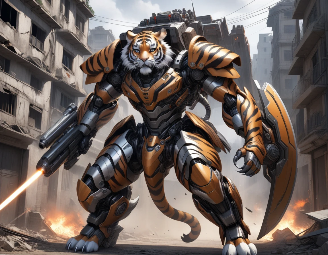 Ultra-realism, ((Masterpiece)), ((Best Quality)), (Very Detailed), ((Very Detailed)), 4K, (8K), very aesthetic, absurdres highres, Create highly textured mechanical tiger artwork. This tiger has a metallic sheen and realistic texture and is constructed with detailed mechanical elements. The colors are metallic gray and silver, with hints of rust, giving it an aged but advanced technological look. The background is simple and focuses on the intricacy and craftsmanship of the tiger design, Design a combat-ready cybernetic tiger equipped with powerful weapons, situated in an outdoor battlefield. The tiger should have missile launchers on its back, laser guns on its front legs, and a shield on its shoulders. It should be slashing at enemies with its sharp claws while advancing and delivering powerful attacks. The background should depict a war-torn battlefield with destroyed buildings.
