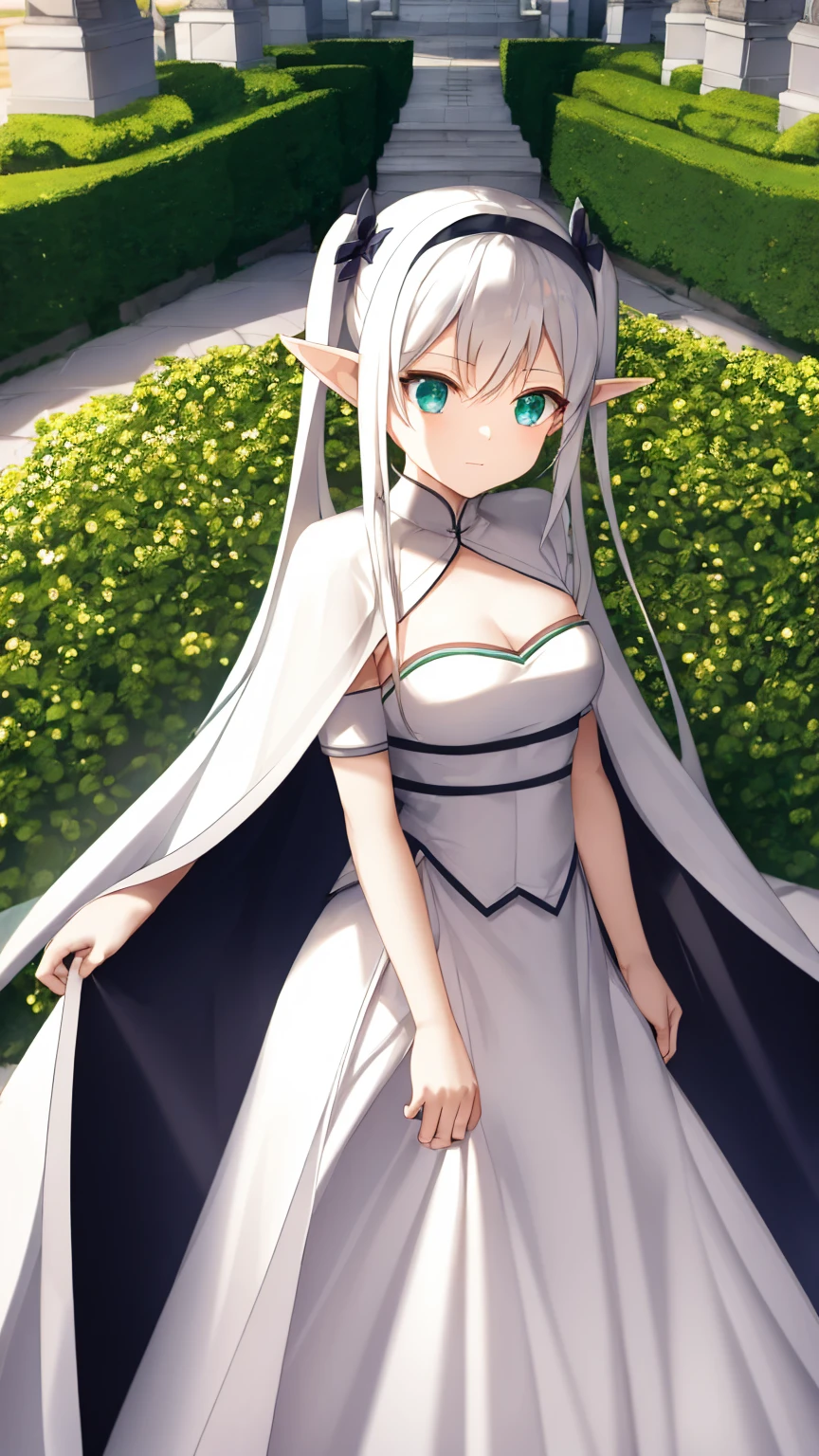 Highest quality:1.2)、1 Girl、Elf、Are standing、chest、High twin tails、Frielen、Fantasy、(landscape:0.5)、White Robe、White Hair、Green Eyes