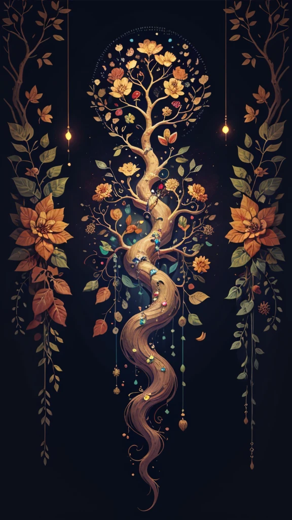 circular tree,four seasons,spring,summer,autumn,winter,leaves,roots,branches,trunk,ornate border,decorative,digital illustration,artwork,movement,time,swirling background,dark background,vibrant colors,natural,life cycle,growth,change,nature,life,peace,harmony,spirituality,symbolism,digital art,illustration,painting,graphic design,art,design,digital media,online art,visual art,fine art,fantasy