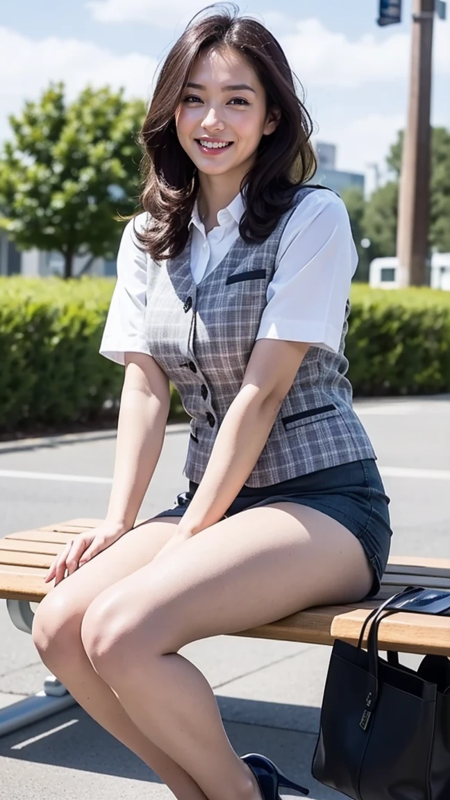 Uruchan-6500-v1.1, (RAW Photos:1.2), (Photorealistic), (Genuine:1.4), １girl、Perfect Anatomy、Looking at the camera、from the front、Panty shot、Medium Long Hair、Grey pencil mini skirt、Plaid vest、((Sitting on a bench:1.3))、(Super realistic panties:1.2), (Bare legs and high heels)、(Business services)、(A very loving smile:1.2)、