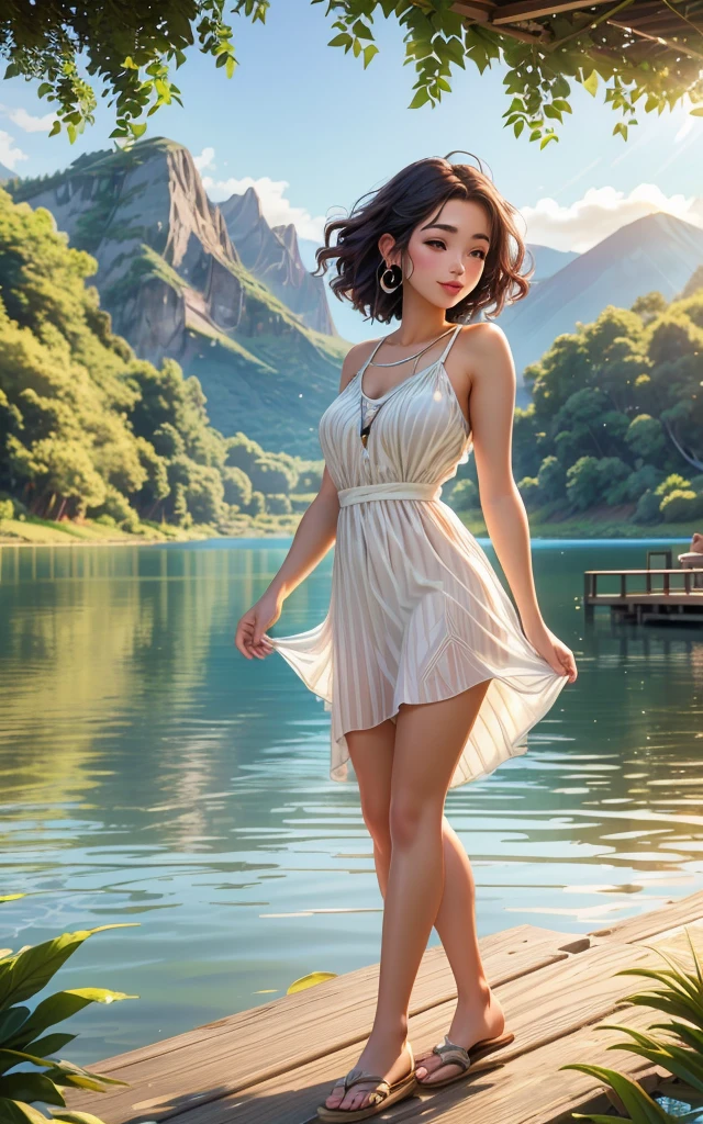 (scenic outdoor lake setting), (sunlit pier), young adult woman, casual summer fashion, ((dipping legs into the lake)), relaxed pose, breezy hairstyle, subtle makeup, (lightweight fabric, flowing dress), nature-inspired colors, serene expression, (background: lush greenery, distant mountains), warm afternoon light, (sense of tranquility and connection with nature)
