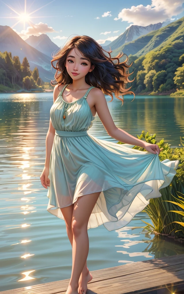(scenic outdoor lake setting), (sunlit pier), young adult woman, casual summer fashion, ((dipping legs into the lake)), relaxed pose, breezy hairstyle, subtle makeup, (lightweight fabric, flowing dress), nature-inspired colors, serene expression, (background: lush greenery, distant mountains), warm afternoon light, (sense of tranquility and connection with nature)