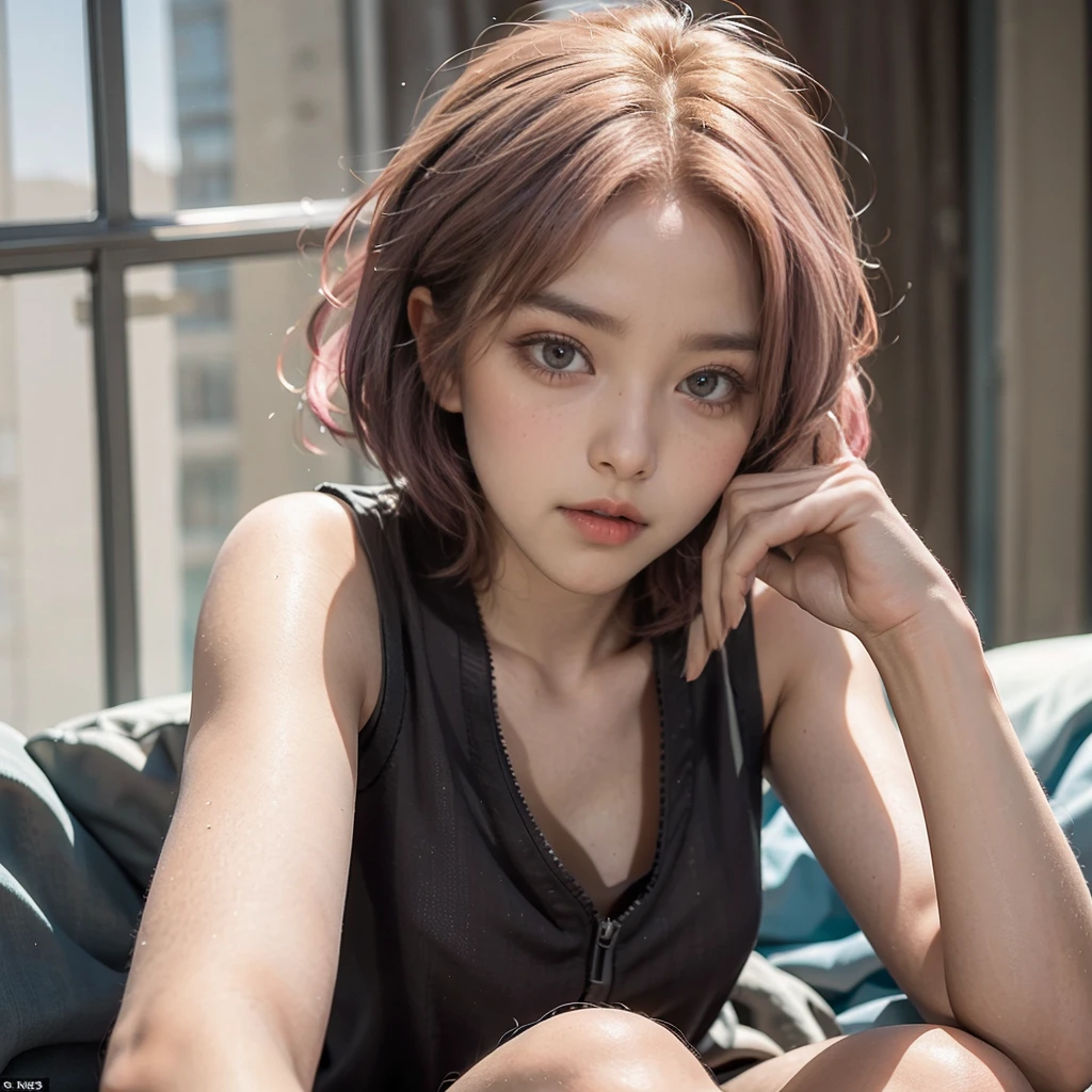 20yo woman, (masterpiece: 1.4), (8K, reality, original photo, best quality: 1.4), Japan, (1 girl), beautiful face, (Real faces: 1.4), (pink hair, short hair: 1.3), hairstyle, Realistic blue eyes, beautiful details eyes, (reality skin: 1.3), beautiful skin, Attractive, ultra high resolution, Super realistic, HD, golden ratio, (Detailed face: 1.4), (Japanese actor: estuary), Sheer vest,Pink short hair,WhiteTransparent,White,NSFW,big,big ass emphasized,The nipple areola is clearly shaped,looking into camera,pubic shape is transparent and clear,posture(Bend your knees and legs open)