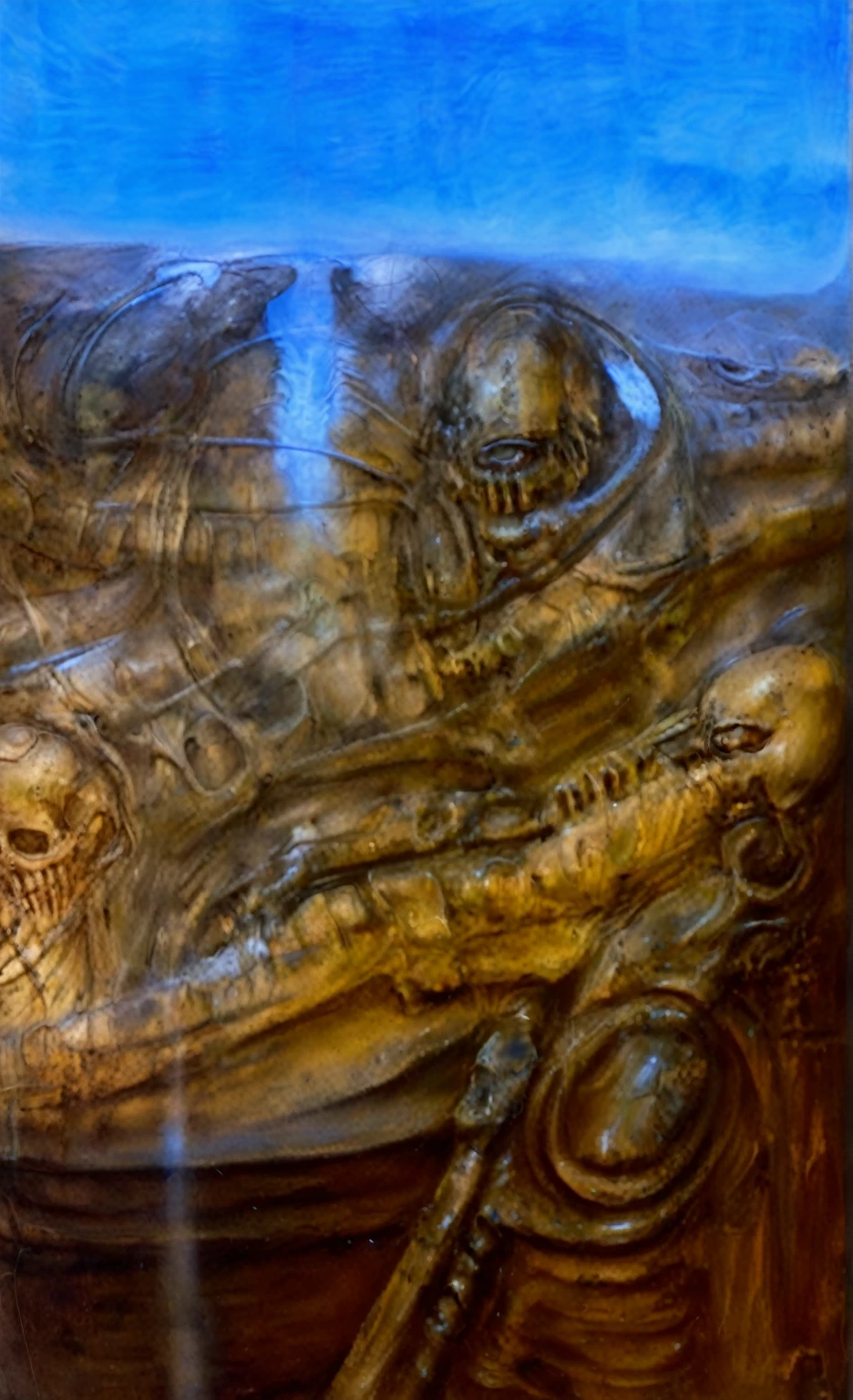g1g3r, Giger_style, The image is a detailed view of H.R. Giger's \" Li II \" plate, featuring a complex network of bones and organs in a purple-brown hue ,swirling gray and brown colorsgroup of three alien figures positioned in the foreground.  Emaciated and skeletal, with hollow eyes, they appear to be constructed from bone and  metallic  elements,  a  characteristic  fusion  of  organic  and  mechanical  forms  found  in  Giger's  biomechanical  art.  
 The image features a robotic humanoid figure with intricate mechanical details, standing in a room with a glowing screen displaying the word \"EVE\" and a hand reaching out to touch its face.  The background is a dark and  limited  space  painted  in  a  uniform  blue-green color.  This  lack  of  detail  keeps  the  focus  on  the  figures  and  creates  a  sense  of  mystery  about  their  environment.  Receding into the distance  are  a  series  of  arches  and  tunnels  that  hint  at  a  larger  biomechanical  landscape,  possibly  the  work  of  the  creatures  themselves The artwork is silver and purplish brown, with an ivory bones prominently displayed. The image is highly detailed and intricate, almost like a 3d version of a medical diagram (detailed view of an anatomy model, possibly of a human body, with transparent organs and bones exposed). The piece has a thick mechano-organic texture and is covered in fine details. The image has a swirling, organic quality to it. The artistic manner would be unmistakably Gigeresque. A dark and unsettling beauty would permeate the piece, blurring the lines between fascination and repulsion , forever haunted by the grotesque allure. Giger's signature artistic manner would be evident in every stroke. The airbrush would be wielded with masterful precision to create a hyperrealistic yet nightmarish aesthetic.., ooze soaked pajama top
