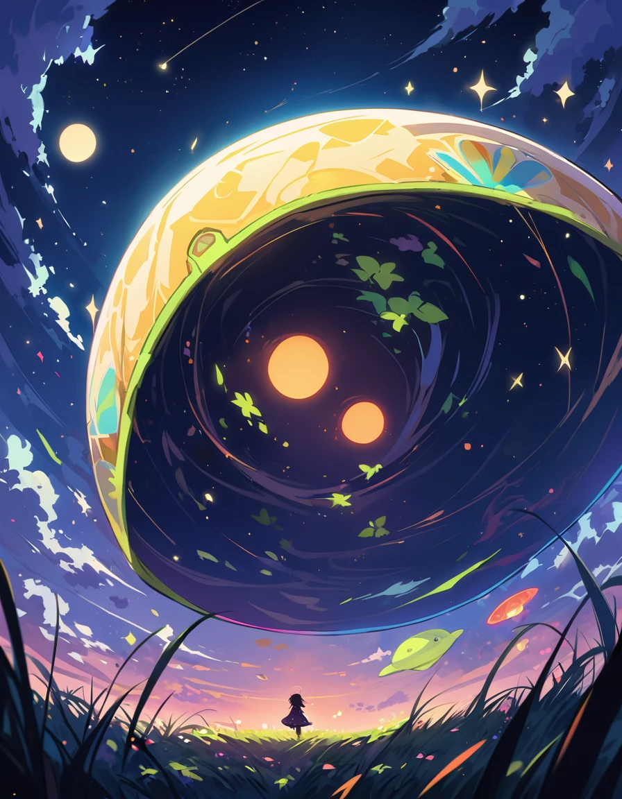 A UFO landed on the grass at night、An alien emerges from a UFO emitting a fantastic light.。Mysterious night sky filled with countless stars々Shines、The full moon is shining its light。The whole plain was gently illuminated by the moonlight.、The image of an alien clearly emerges from it.。A fantastic and beautiful sight、It's like welcoming a visitor from another world.、Full of mystery。