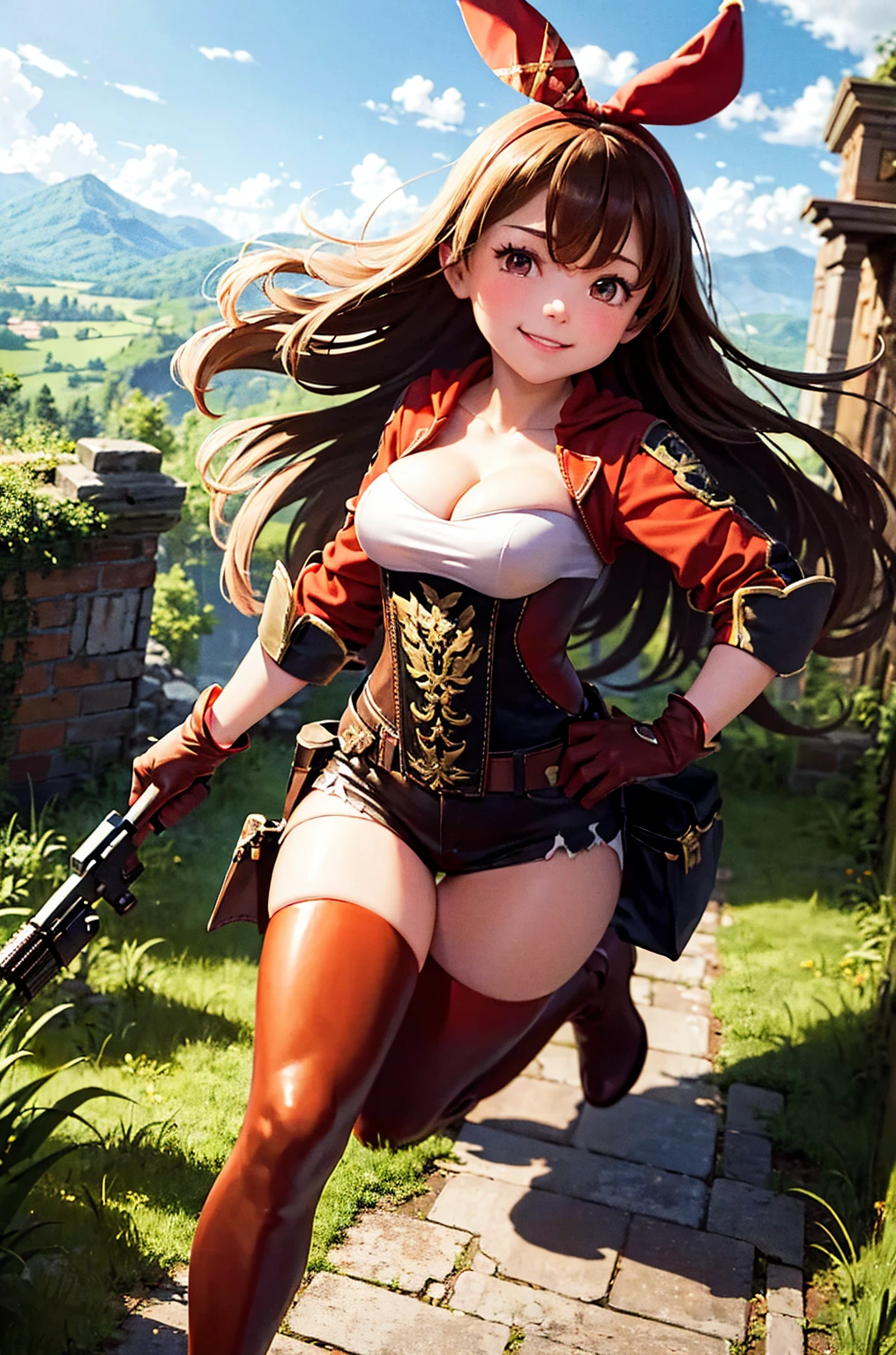 masterpiece, best quality, soft lighting, absurdres, looking at viewer, solo, smile, goggles on head,
amber \(genshin impact\),  brown eyes, brown hair, long hair, red hair ribbon, brown short shorts, leather gloves, pouch, thighhighs, white boots, , cleavage cutout, shrug \(clothing\)
full body, standing on one leg, overgrown ruins, mountains
