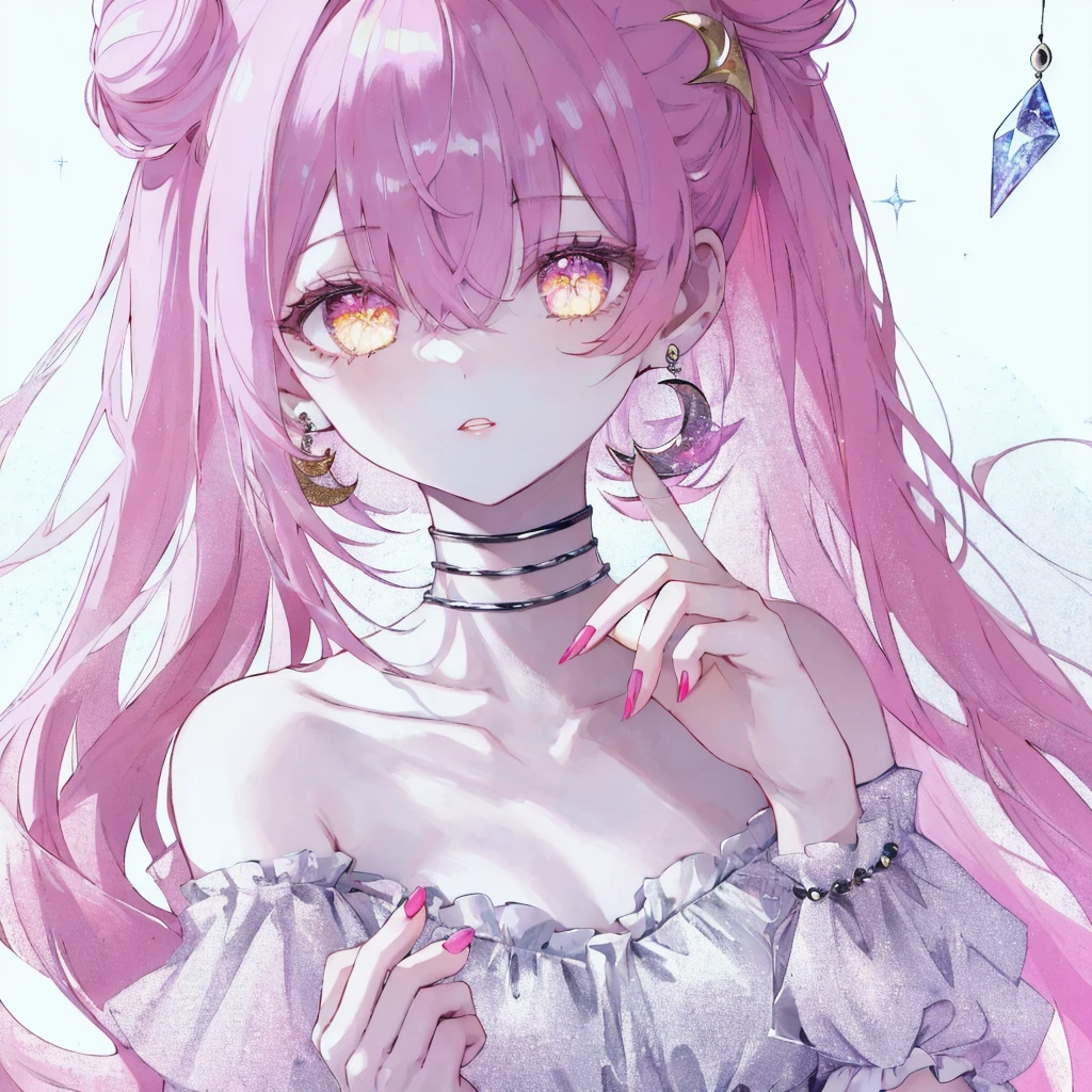 zyc, 1girl, pink hair, pink nails, solo, earrings, jewelry, crescent earrings, looking at viewer, nail polish, parted lips, crescent, yellow eyes, long hair, bangs, ribbon, bare shoulders, collarbone, sparkle, multicolored eyes, hair bun, upper body, bow, hair between eyes, black ribbon, choker, gem, fingernails, hand up, portrait, off shoulder, detached collar