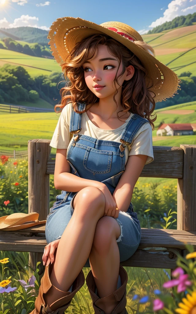 (quaint countryside setting, summer day), young adult woman, rustic casual summer fashion, (sitting on a wooden fence), thoughtful and serene pose, shoulder-length curly hair, light, sun-kissed makeup, (denim overalls over a simple white t-shirt), comfortable boots, (holding a straw hat), (background: rolling hills, a distant barn, wildflowers), soft sunlight, (sense of relaxation and connection with the rural landscape)