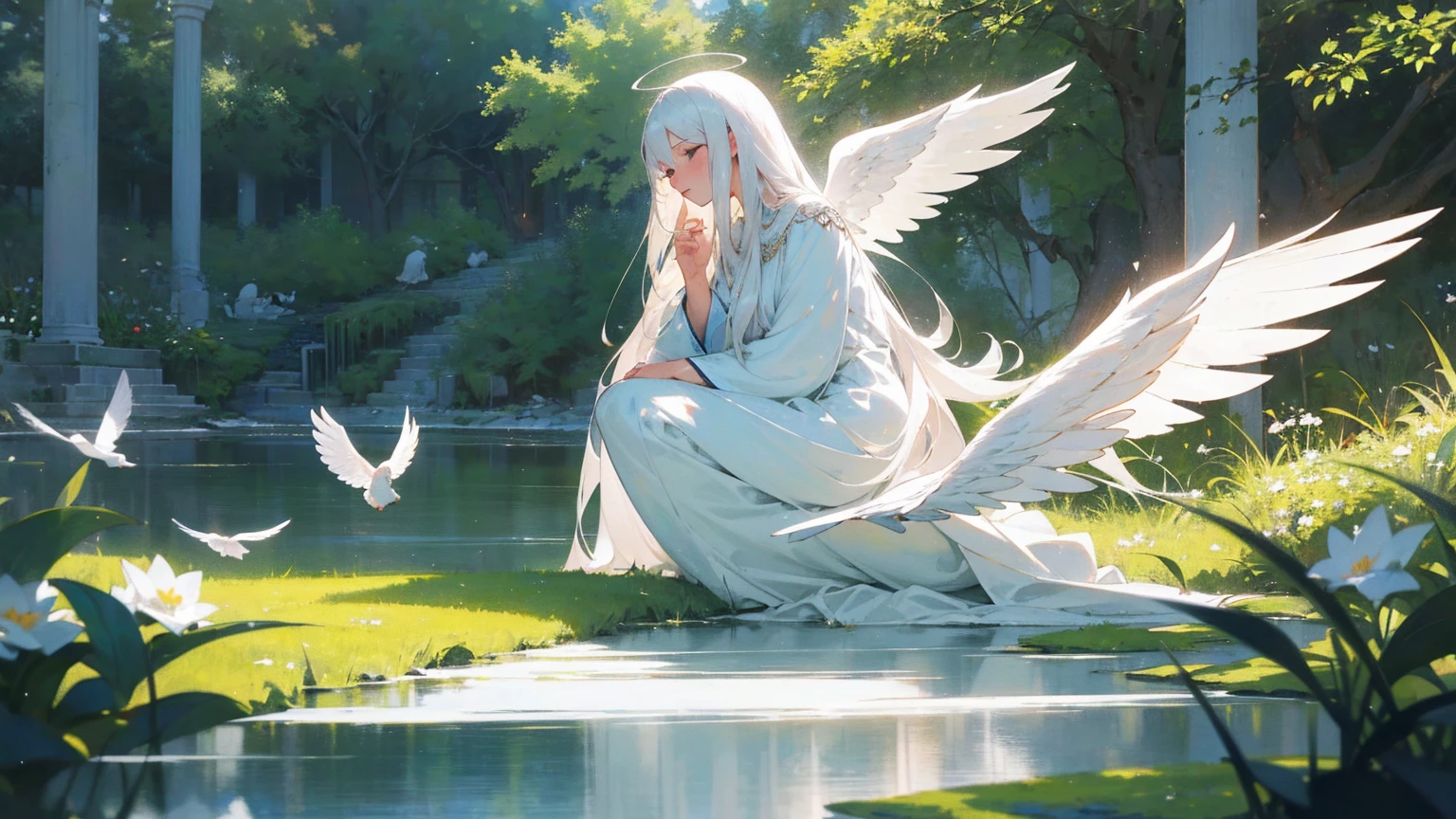 a 29 years old beautiful angel mother with long white hair, european face, beautifull white angelic wings, praying,white clothes, white doves, doves in the background, serene and peaceful expression, ethereal and heavenly, 4k, high quality, intricate details, photorealistic, dramatic lighting, vibrant colors, beautifull scenerie, beautifull light, a peaceful garden, lush greenery, blooming flowers, serene atmosphere, warm sunlight, calming pond, tranquil landscape, beautiful scenery, natural environment, idyllic setting, (best quality,4k,8k,highres,masterpiece:1.2),ultra-detailed,(realistic,photorealistic,photo-realistic:1.37),landscape,vibrant colors,soft lighting,natural lighting, fully clothed