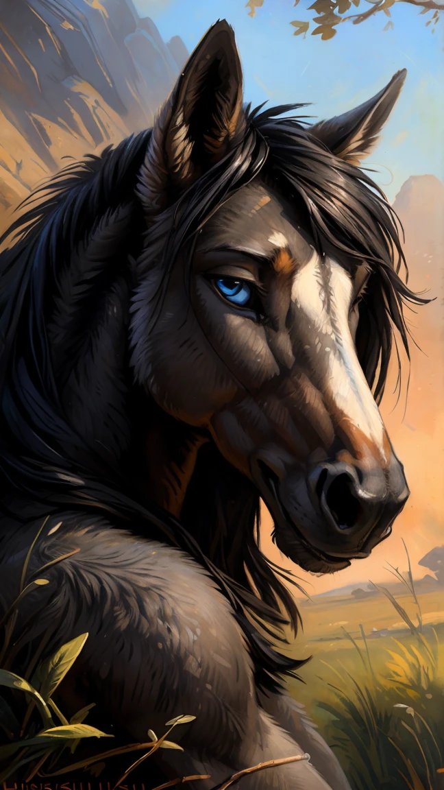 closeup, anthro furry horse female, muscular, atheltic small breasts, (grey fur:1.3), (long wavy black hair), blue eyes, (naked), topless, (by hioshiru and kenket and Ruan Jia and Bayard Wu)