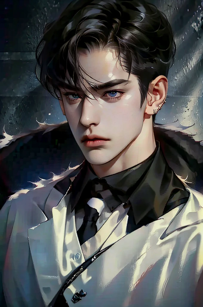 a dark-haired young man with long raven hair, piercing blue eyes, wearing a dark outfit, shirt, detailed portrait, cinematic lighting, dramatic mood, high quality, photorealistic, 8k, detailed skin texture, chiaroscuro, moody, atmospheric, dramatic lighting, intense gaze, brooding expression, elegant, intense, handsome, mysterious, ambient occlusion, depth of field, vibrant colors, hyperrealistic