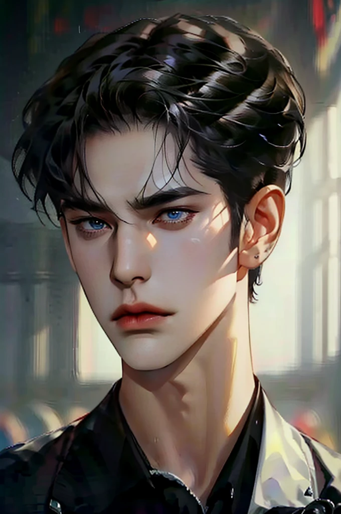 a dark-haired young man with long raven hair, piercing blue eyes, wearing a dark outfit, shirt, detailed portrait, cinematic lighting, dramatic mood, high quality, photorealistic, 8k, detailed skin texture, chiaroscuro, moody, atmospheric, dramatic lighting, intense gaze, brooding expression, elegant, intense, handsome, mysterious, ambient occlusion, depth of field, vibrant colors, hyperrealistic