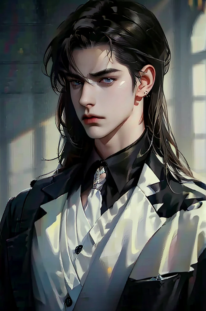 a dark-haired young man with long raven hair, piercing blue eyes, wearing a dark outfit, shirt, detailed portrait, cinematic lighting, dramatic mood, high quality, photorealistic, 8k, detailed skin texture, chiaroscuro, moody, atmospheric, dramatic lighting, intense gaze, brooding expression, elegant, intense, handsome, mysterious, ambient occlusion, depth of field, vibrant colors, hyperrealistic
