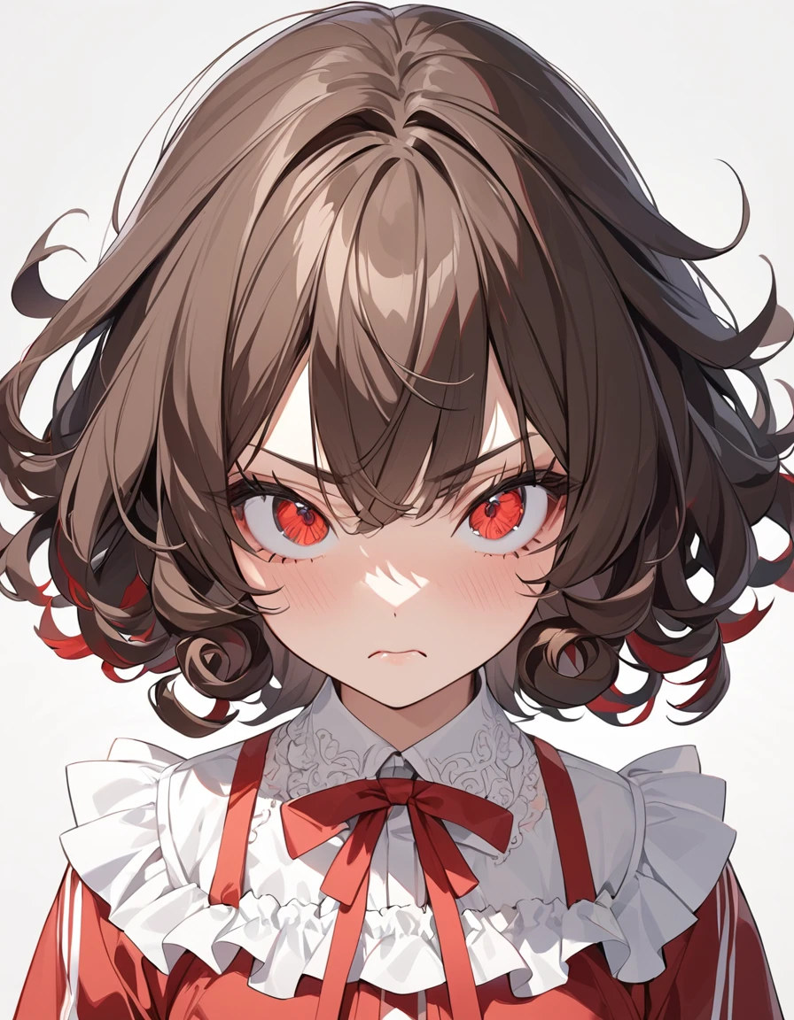 1girl, {masterpiece,best quality,ultra-detailed,beautiful detailed eyes}, {dark brown hair, short hair, flipped hair, curly hair,katyume with large ribbon, parted bangs}, Gradient eyes from black to red, cute girl, 17 years old, simple background,white background,frown,angry, kubrick stare, shirred blouse, kawaii