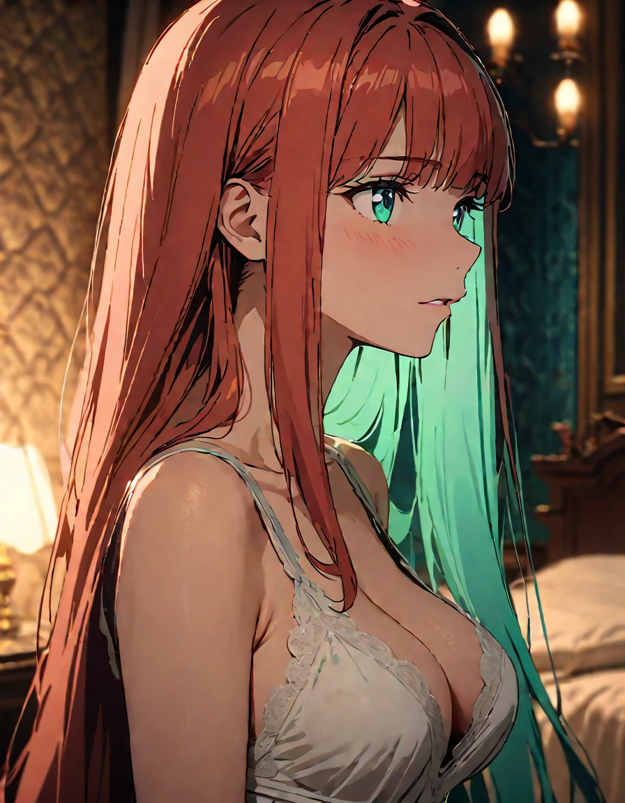 masterpiece, highest quality, movie stills, 1 woman, beautiful adult woman, redhead, very long auburn straight hair, bangs, aquamarine-green eyes, medium round breast, luxurious boudoir background, close, bright, lustful, warm and soft lighting, (spark:0.7), portrait, white nightie
