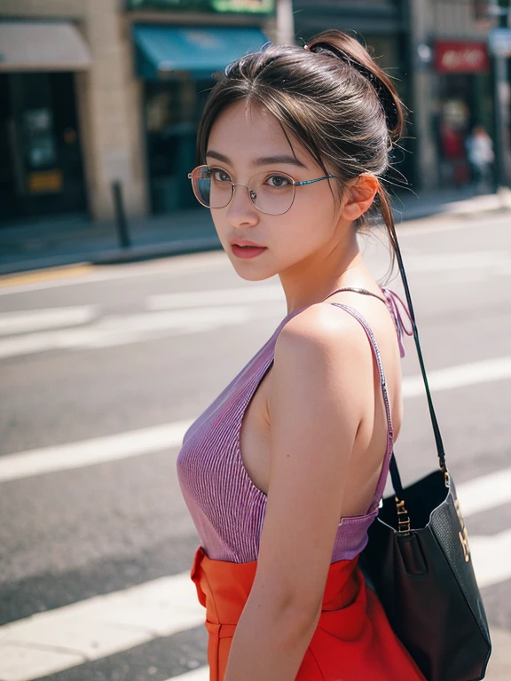 (RAW Photos, Highest quality), (Glasses), masterpiece, Natural light, 1 Girl, Stylish, Female Model, Fashion Street, Mode, accessories, Colorful background, Urban landscape, looking at the camera, Cool look, head shot
