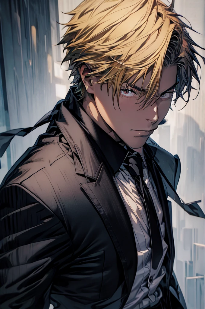 White collared shirt, Black tie, Black pants, Formal, masutepiece, Best Quality, High quality, 1boy, Solo, Male Focus, Looking at Viewer, Upper body, Denji, a blond