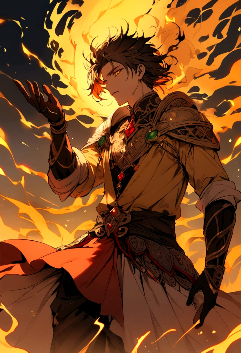 a guys with a red, black and yellow aura aroud him like a fire 