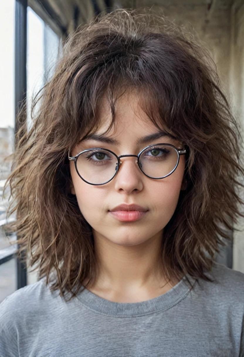 photo portrait of a young chubby brown-eyed Russian girl wearing glasses with lenses, corneal reflections, beautiful proportional small wide nose, Plump lips, closed mouth, squinted brown eyes, Detailed human skin texture, fuzz on the skin, Fluffy hair, 80s punk rock brown tousled hair, stretched gray sleepy t-shirt, without cosmetics or make-up, peering into the horizon, in room, a dark room, depth of field, backlight