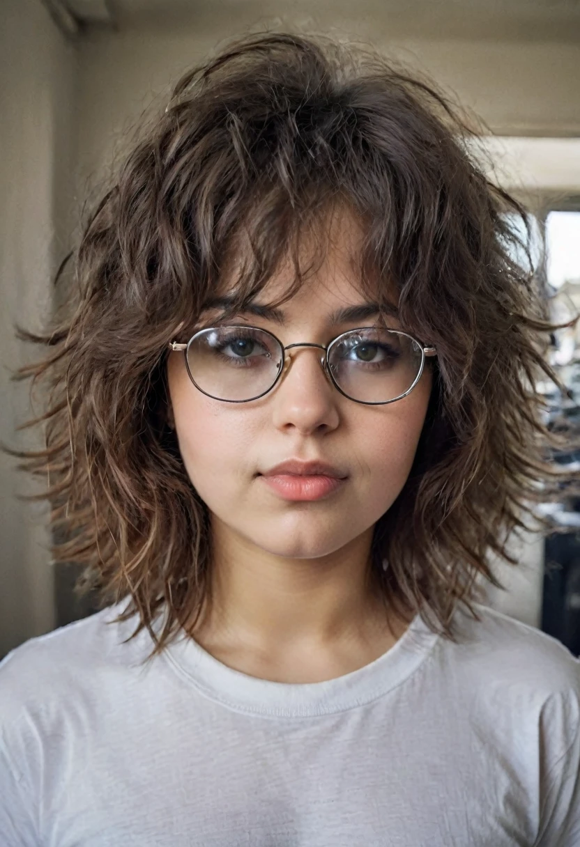 photo portrait of a young chubby brown-eyed Russian girl wearing glasses with lenses, corneal reflections, beautiful proportional small wide nose, Plump lips, closed mouth, squinted brown eyes, Detailed human skin texture, fuzz on the skin, Fluffy hair, 80s punk rock brown tousled hair, stretched gray sleepy t-shirt, without cosmetics or make-up, peering into the horizon, in room, a dark room, depth of field, backlight