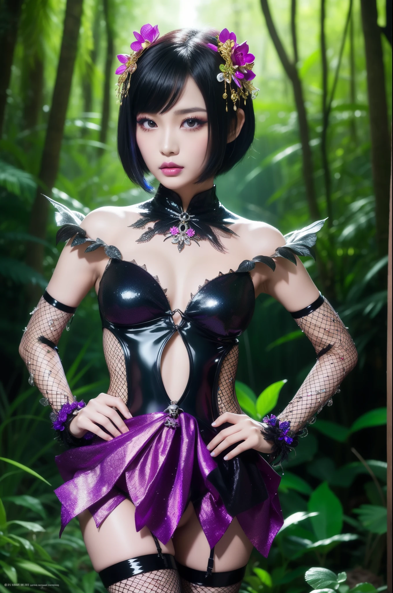 sexy Thai model who controls poison、lipgloss、dramatic makeup、look at the camera、full body Esbian、、sparkling poisoned enchanted flower costume、、、、shiny sparkling colorful short hair、secrete poison、skull hair accessories、fishnet tights、shiny sparkling dark magic forest background