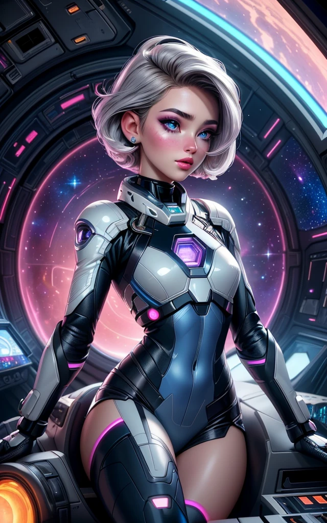 (beautiful young skinny caucasian adult woman sitting in spaceship cockpit looking over shoulder at viewer:1.2),(over the shoulder:1.1), (movie still:1.1), side view, (spaceship cockpit:1.1), glowing holographic instruments, (beautiful face:1.11), from behind, smart fabric flightsuit:1.1, lightweight structured jacket with sharp geometric lines, utility belt, knee-high boots, fingerless gloves, (large spaceship cockpit with highly polished flooring and stellar view), backlit hair, perfect face, feminine physique, (pale freckles:0.6), (black and silver accents), perfect eyes, (studio lighting:0.3), low key, joystick++, thin pouting lips, (white++ bob hair, ombre tips:1.2), wide set soft+ turquoise++ eyes, skin pores, (small retrousse nose:1.2), (pale skin), supernova, ultra detailed, (Intricate Environment)++, best quality, masterpiece, dramatic angle, highest detailed face, eyelid shimmer makeup, silver eyeshadow, iridescent cheekbones, muted rose lips, deep space blue, (volumetric lighting:1.1), (available light:0.7),BREAK, starlight silver, nebula pink, black hole black, planetary rings, asteroid clusters, geometric shapes, angular contours, Holographic control panels, chiaroscuro effects, reflective surfaces, star-filled skies, distant galaxies, shimmering surfaces, iridescent sci-fi materials, clean lines, modernistic details, 8k, best quality, masterpiece