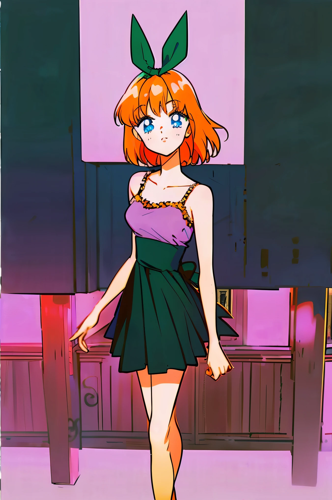 Yotsuba nakano, dancing in the moonlight, dynamic pose, moonlight background, full body, dancing girl, pretty flowing dress, wind, sweet dreamy face, (Old anime, vintage anime, 90's anime style, naoko takeuchi style, masterpiece、top-quality, Official art、Beautifully Aesthetic:1.2)、(a beauty girl:1.3)、vivid colours、colourful, magical photography, dramatic lighting, intricate details, (1 girl, solo, alone), , sfw, nakano_yotsuba, blue eyes, indigo eyes, aayotsuba, sparkling blue eyes, sfw, pretty teenage girl with shoulder length orange hair, hair ribbon, green ribbon, heart shaped lips and blue eyes making a cute face, blushing, aayotsuba, Nakano yotsuba from The Quintessential Quintuplets, yotsuba Nakano, masterpiece, 4k, ultradetailed, cowboy shot, shoulder lenght orange hair,, blushing,, blue eyes, innocent, pure, kawaii, tender, lovely, cheery, cute
