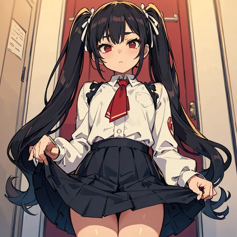 highest quality,masterpiece,8k,1girl,medium breasts, blush, sweat, mini skirt, lift skirt, upskirt, white panties, hair ribbon, twin tails, green shirt, serafuku, white neckerchief, long sleeves, pleated skirt, black skirt, black thighhighs, loafers, , open legs, heart shaped pupils,