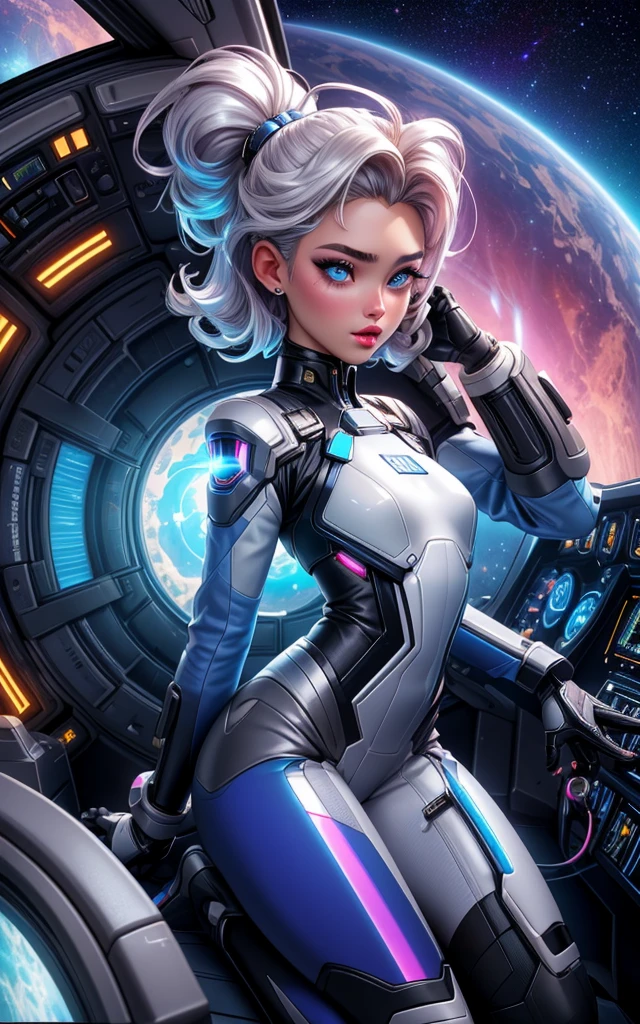 (beautiful young skinny caucasian adult woman sitting in spaceship cockpit looking over shoulder at viewer:1.2),(over the shoulder:1.1), (movie still:1.1), side view, (spaceship cockpit:1.1), glowing holographic instruments, (beautiful face:1.11), from behind, smart fabric flightsuit:1.1, lightweight structured jacket with sharp geometric lines, utility belt, knee-high boots, fingerless gloves, (large spaceship cockpit with highly polished flooring and stellar view), backlit hair, perfect face, feminine physique, (pale freckles:0.6), (black and silver accents), perfect eyes, (studio lighting:0.3), low key, joystick++, thin pouting lips, (white++ bob hair, ombre tips:1.2), wide set soft+ turquoise++ eyes, skin pores, (small retrousse nose:1.2), (pale skin), supernova, ultra detailed, (Intricate Environment)++, best quality, masterpiece, dramatic angle, highest detailed face, eyelid shimmer makeup, silver eyeshadow, iridescent cheekbones, muted rose lips, deep space blue, (volumetric lighting:1.1), (available light:0.7),BREAK, starlight silver, nebula pink, black hole black, planetary rings, asteroid clusters, geometric shapes, angular contours, Holographic control panels, chiaroscuro effects, reflective surfaces, star-filled skies, distant galaxies, shimmering surfaces, iridescent sci-fi materials, clean lines, modernistic details, 8k, best quality, masterpiece