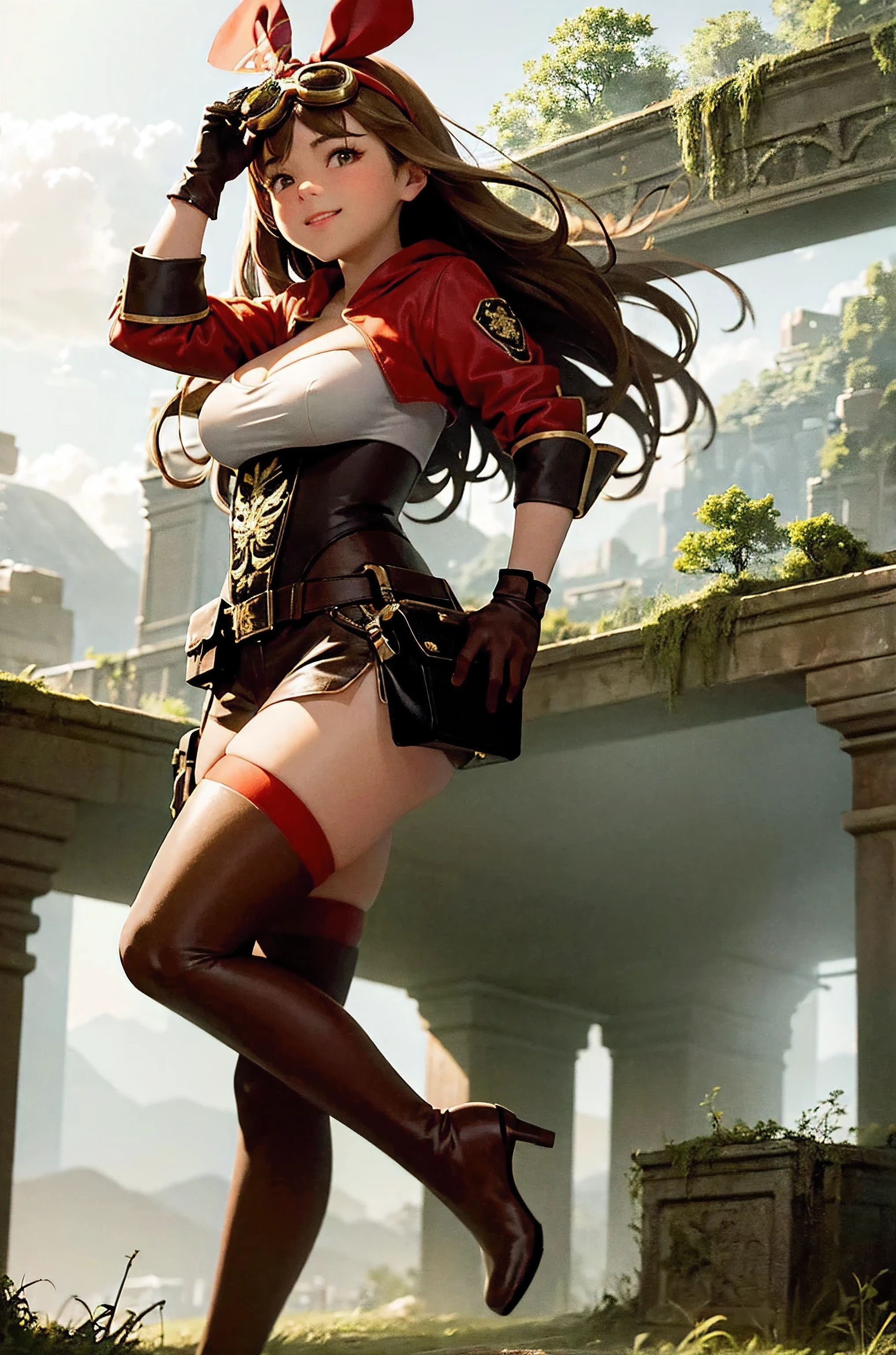 masterpiece, best quality, soft lighting, absurdres, looking at viewer, solo, smile, goggles on head,
amber \(genshin impact\), brown eyes, brown hair, long hair, red hair ribbon, brown short shorts, leather gloves, pouch, thighhighs, white boots, medium breasts, cleavage cutout, shrug \(clothing\)
full body, standing on one leg, overgrown ruins, mountains