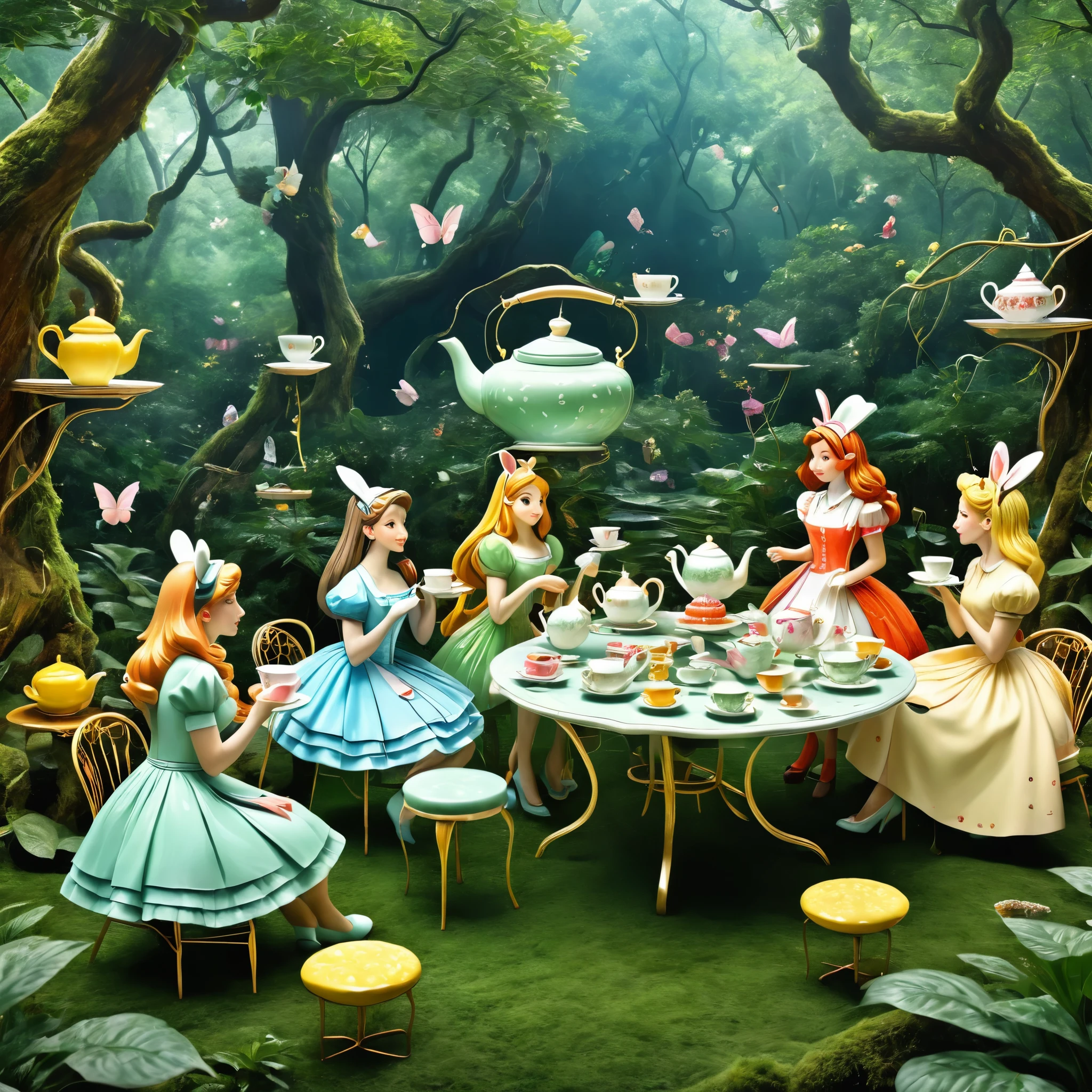 Produce a hyper-realistic AI artwork capturing a timeless moment of a surreal tea party in a dense forest. Showcase intricate details of the characters, their expressions, and the whimsical, oversized tea set.